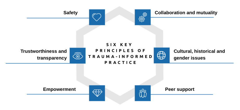 six key principles of trauma-informed practice: Safety, Trustworthiness and transparency, Peer support, Collaboration and mutuality, Empowerment,  Cultural, historical and gender issues.