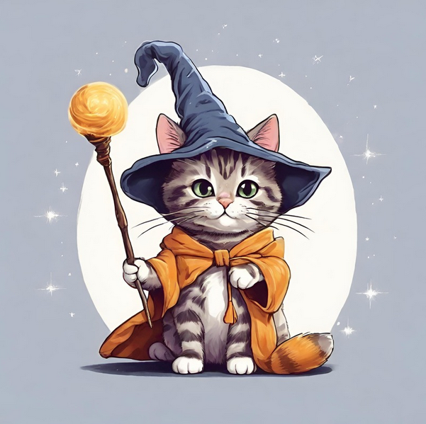An image of a tabby cat dressed in wizard robes. It has five paws and the tail and robes are merged.
