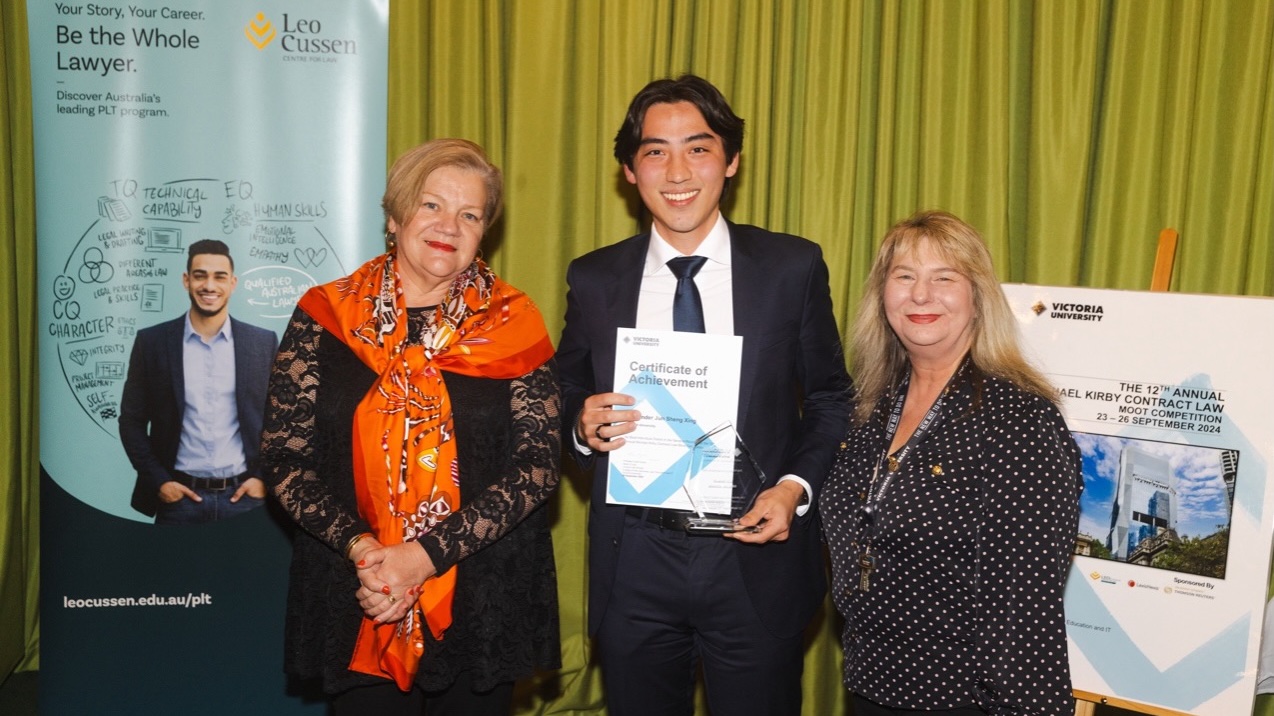 Image: L to R: Professor Lidia Xynas, Dean of Law, Victoria Law School, Alexander Xing, best oralist in the Preliminary Rounds of the Michael Kirby AC Contract Law moot 2024, Suzanna Pejic, Moot Coordinator. Photograph supplied by Victoria University
