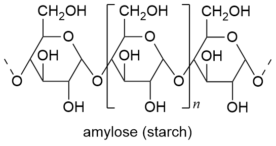 Chemical structure of amylose, showing a polysaccharide composed of repeating glucose molecules.