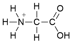 The chemical structure of glycine zwitterion with charged amine.
