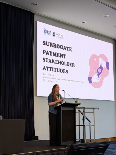 Dr Kneebone presenting her research at the Australia and News Zealand Fertility Law and Ethics Symposium in October 2025.