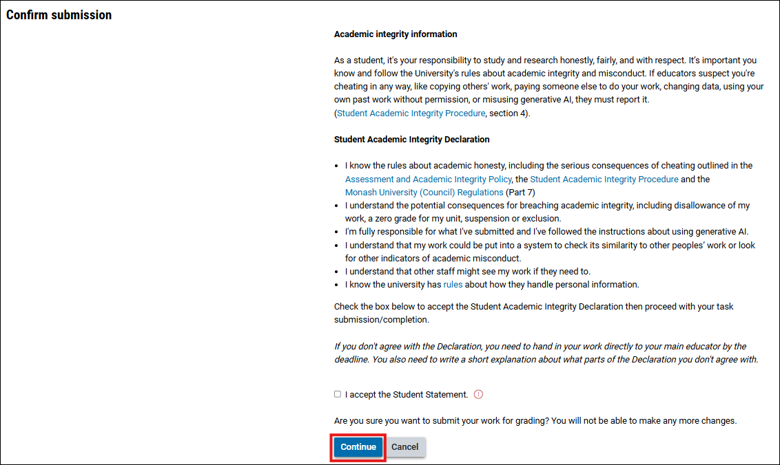 Screenshot of the Continue box in the Student Statement in Moodle