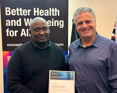 Humphrey Gitonga with Master of Biostatistics coordinator Professor Andrew Forbes Humphrey Gitonga with Master of Biostatistics coordinator Professor Andrew Forbes
