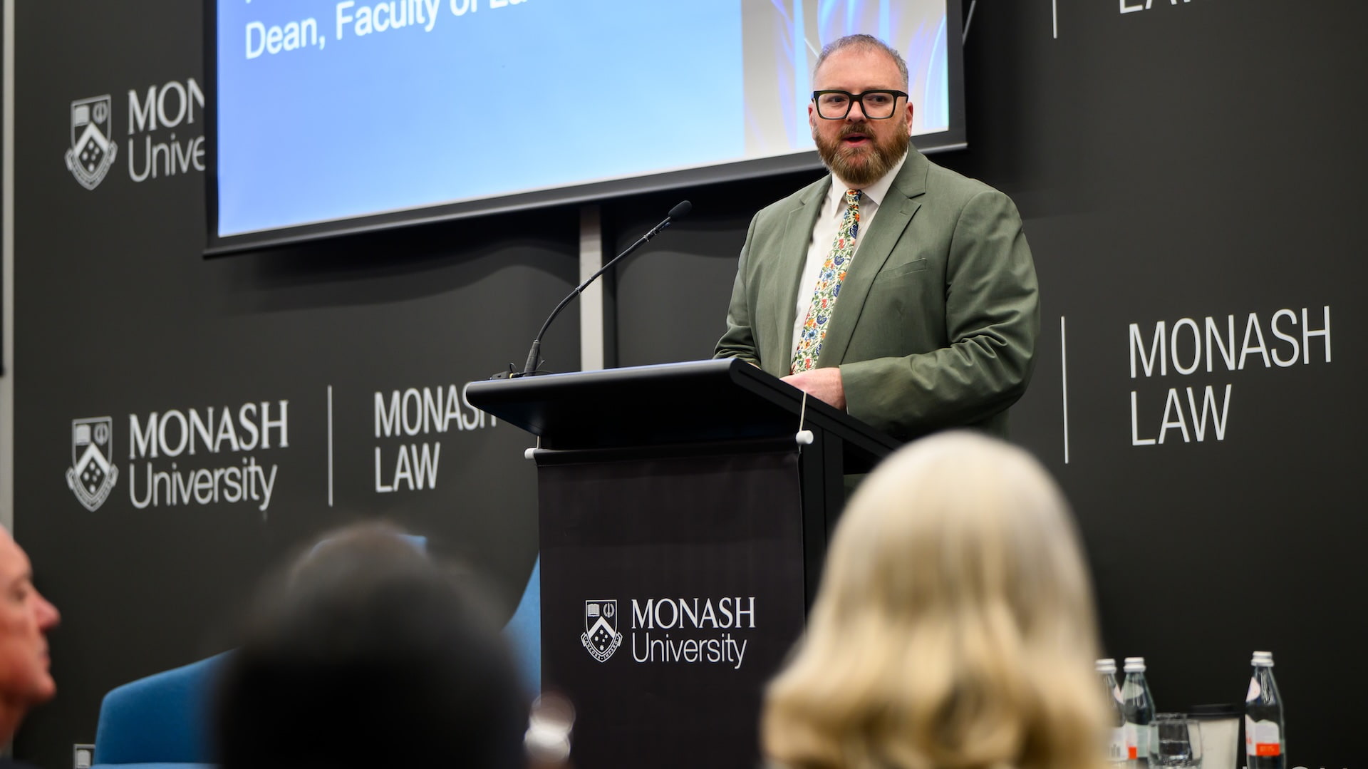 Professor Steven Vaughan, Dean of the Faculty of Law, introducing Professor Elen Stokes.
