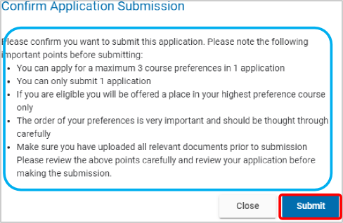 Pre-submission screen asking if you want to submit your application and outlining points you should be aware of.