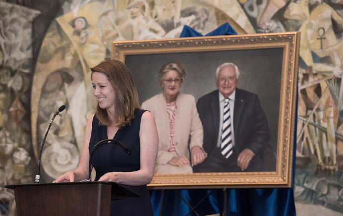 Inaugural Ware Scholar Kayley Lyons and the official portrait of John and Nariel Ware
