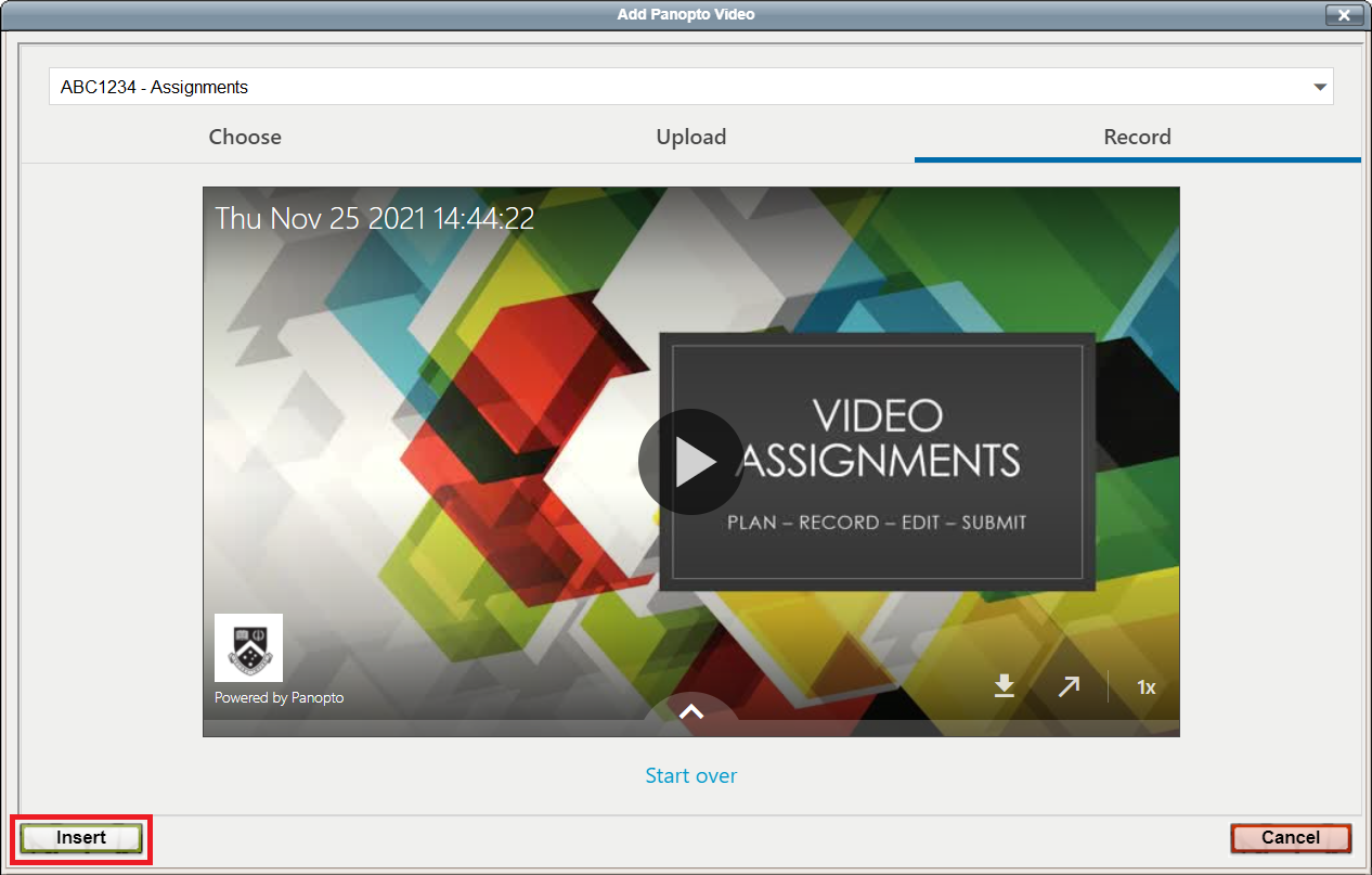 Add Panopto Video window