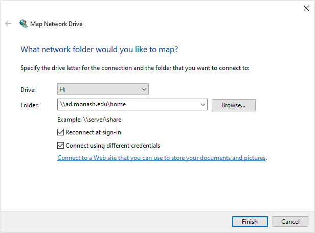 Screenshot of Map Network Drive options