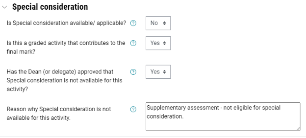 example screenshot of recommended supplementary assessment speccon settings