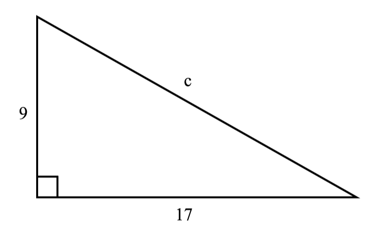 Right-angled triangle with the right angle at the bottom left corner. The horizontal base is labelled 17, the vertical height is labelled 9, and the hypotenuse is labelled c
