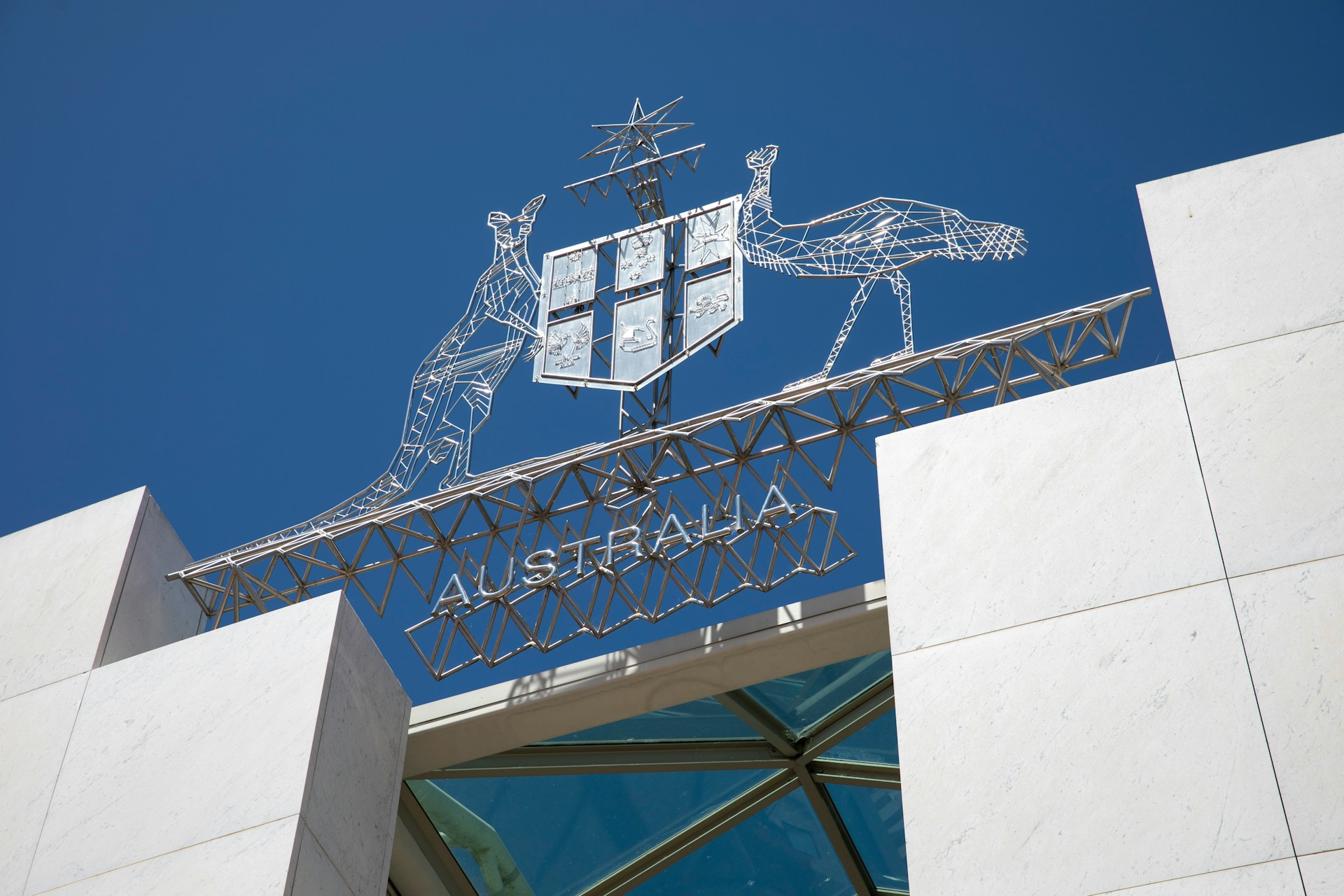 Coat of Arms at front of Australian Parliament House.