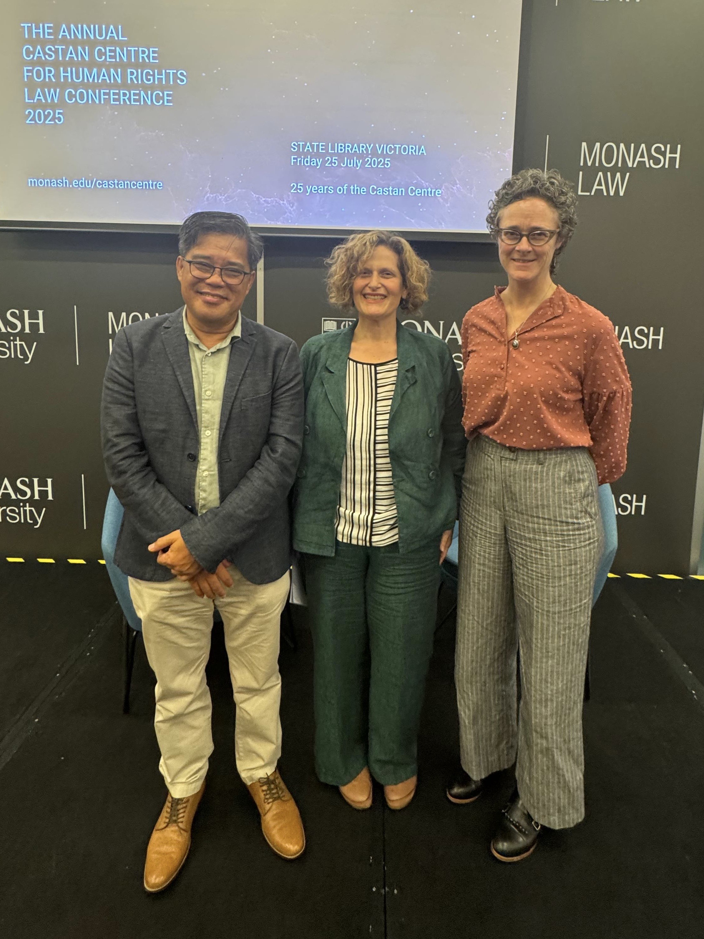 Carlos H. Conde, Sara Kowal, and Castan Centre Deputy Director Julie Debeljak at the event.