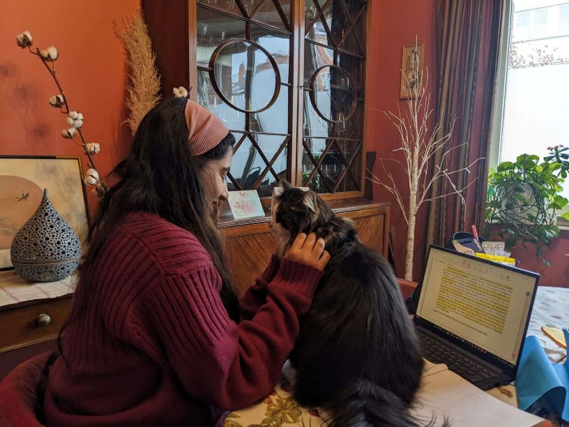 Leo patting a cat sitting on a study desk