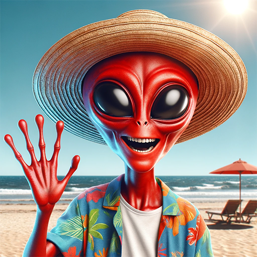 Image of smiling red alien on beach with sun hat and colourful shirt