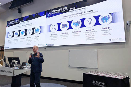 Monash BDI Director, Prof John Carroll, presenting at the 2025 Monash BDI Celebration and Awards for Outstanding Achievement event. 