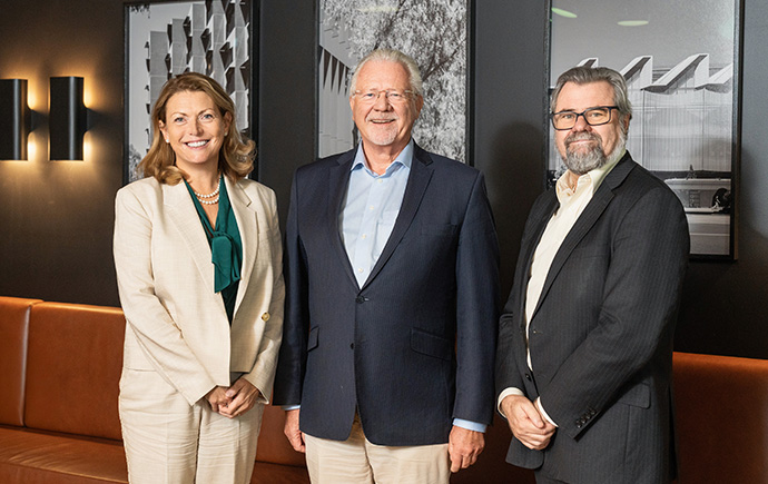 L-R Vice-Chancellor and President of Monash University, Prof Sharon Pickering, David Brand, Prof Simon Wilkie, Head of MBUS, Dean of the Faculty of Business and Economics