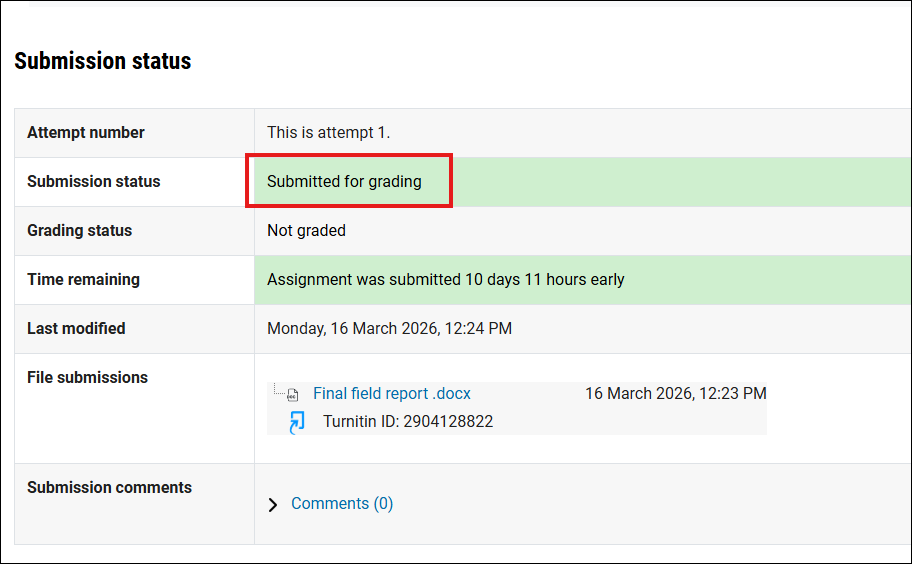 Screenshot of the Submitted for grading status in Moodle