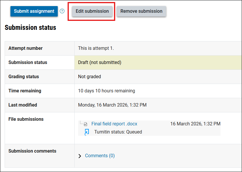Screenshot of the edit submission button on the Moodle Assignment page