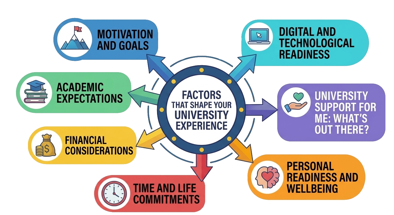 A vector illustration titled &lsquo;Factors that Shape Your University Experience&rsquo; depicts a hub-and-spoke model diagram. A central dark blue circle contains the title text. Six colored, rounded rectangular cards are positioned around the circle, connected to it by matching-colored arrows.  Starting from the top left and going clockwise: A blue card, labeled &lsquo;Motivation and Goals,&rsquo; features an icon of three mountain peaks with stars and a small flag on top. A cyan card, labeled &lsquo;Digital and Technological Readiness,&rsquo; features an icon of a laptop, a smartphone with a bar chart, and gear symbols. A purple card, labeled &lsquo;University Support for Me: What&rsquo;s Out There?,&rsquo; features icons of a university building, a life preserver, and a megaphone, with a hand holding a heart and two figures below. A yellow card, labeled &lsquo;Personal Readiness and Wellbeing,&rsquo; features an icon of a person with small red hearts floating around their head. A red card, labeled &lsquo;Time and Life Commitments,&rsquo; features icons of a clock, a calendar, a balance scale, and a timeline. A green card, labeled &lsquo;Academic Expectations,&rsquo; features an icon of a stack of books with a graduation cap on top, next to a bar chart with an upward-trending arrow.  The overall style is a clean, modern vector illustration.