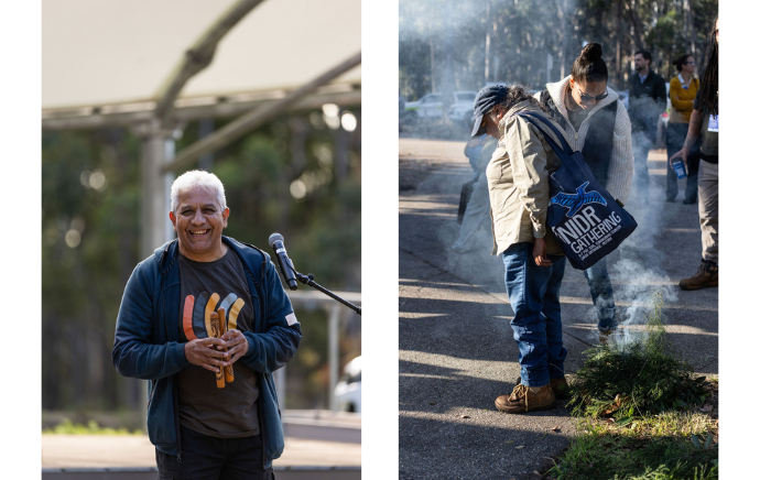Uncle Wayne Thorpe (left) and delegates at the NIDR Gathering 2026 - credit Gabrielle Connole
