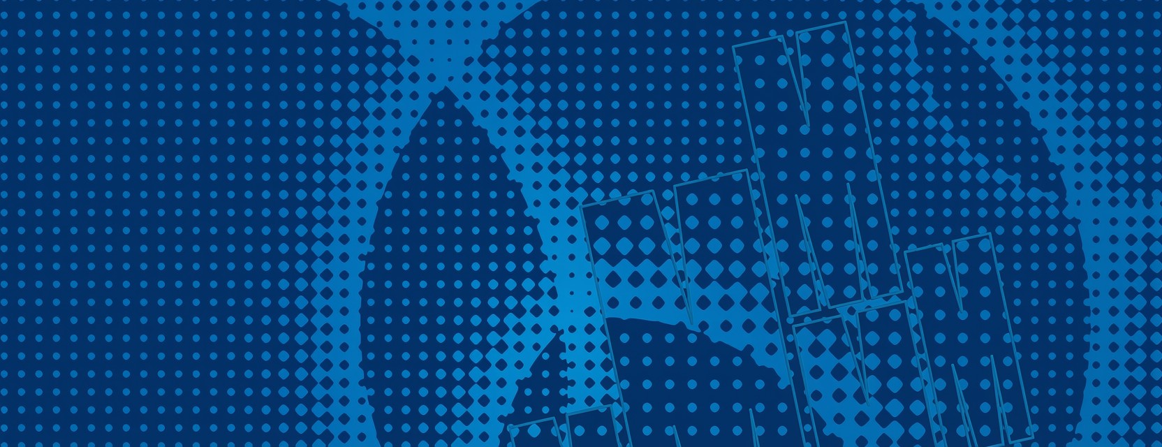 Blue dots and letter M outlines banner