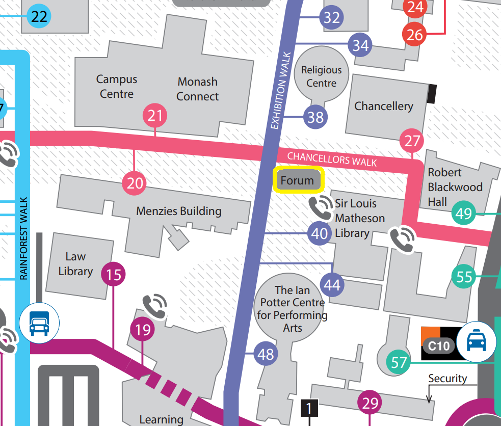 Map of the Forum Lawn location, showing that it is in between the Menzies Building and the Sir Louis Matheson Library..