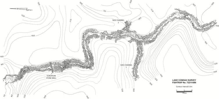  A 200 metre long fish trap channel mapped by Peter Coutts&rsquo;s team at Lake Condah. Victoria Archaeological Survey
