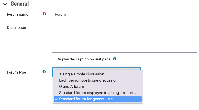 Image of general forum settings including forum types