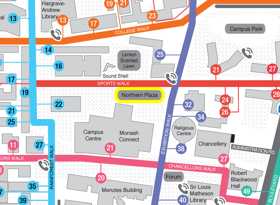 Map of the northern plaza location, showing that it is in between the campus centre and the lemon scented lawns.