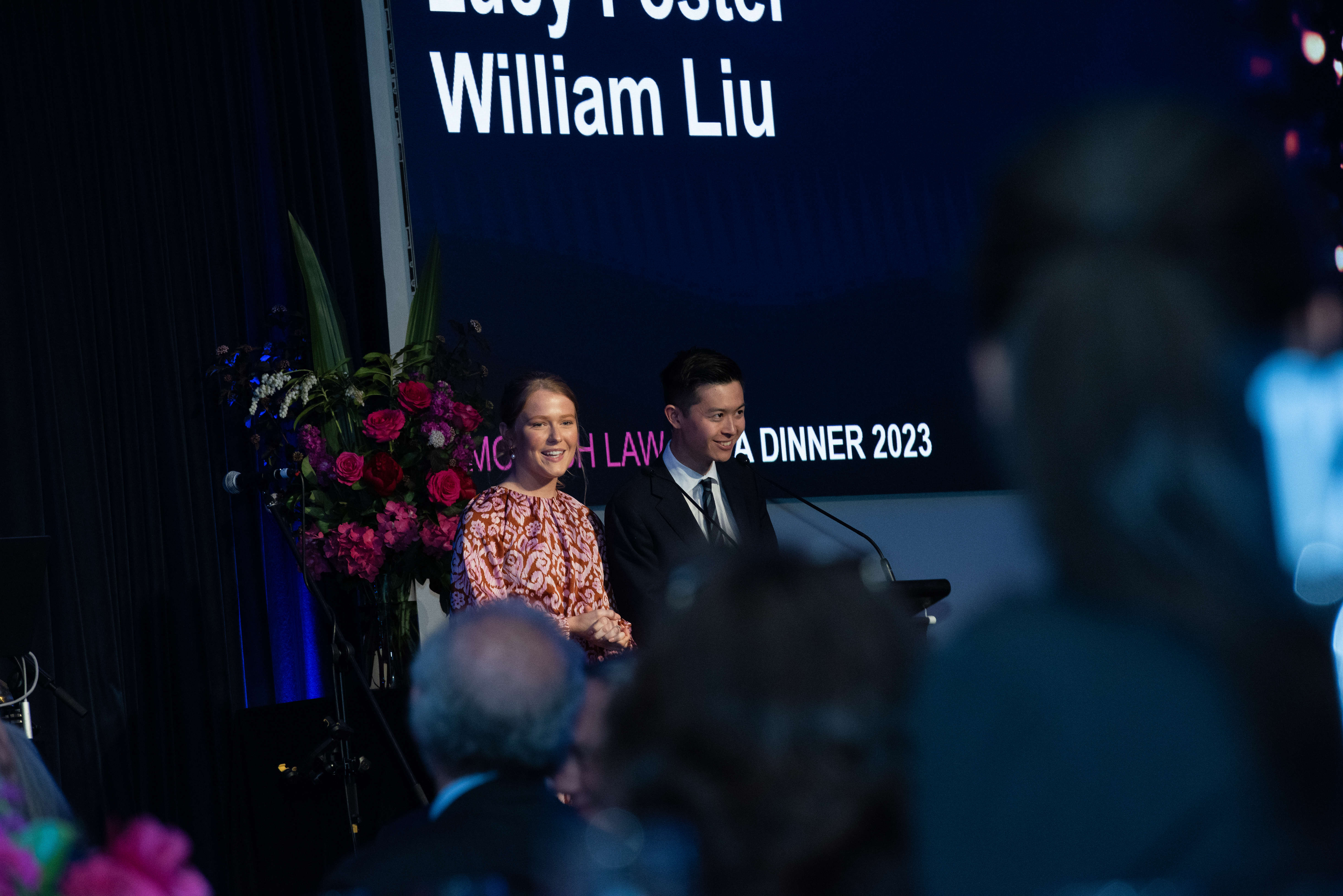 Monash Law Gala Dinner 2023 co-hosts Lucy Foster and William Liu
