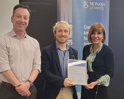 Timothy Budden with Master of Health Administration coordinators A/Prof Chris Moran and Prof Cathy Mihalopoulos