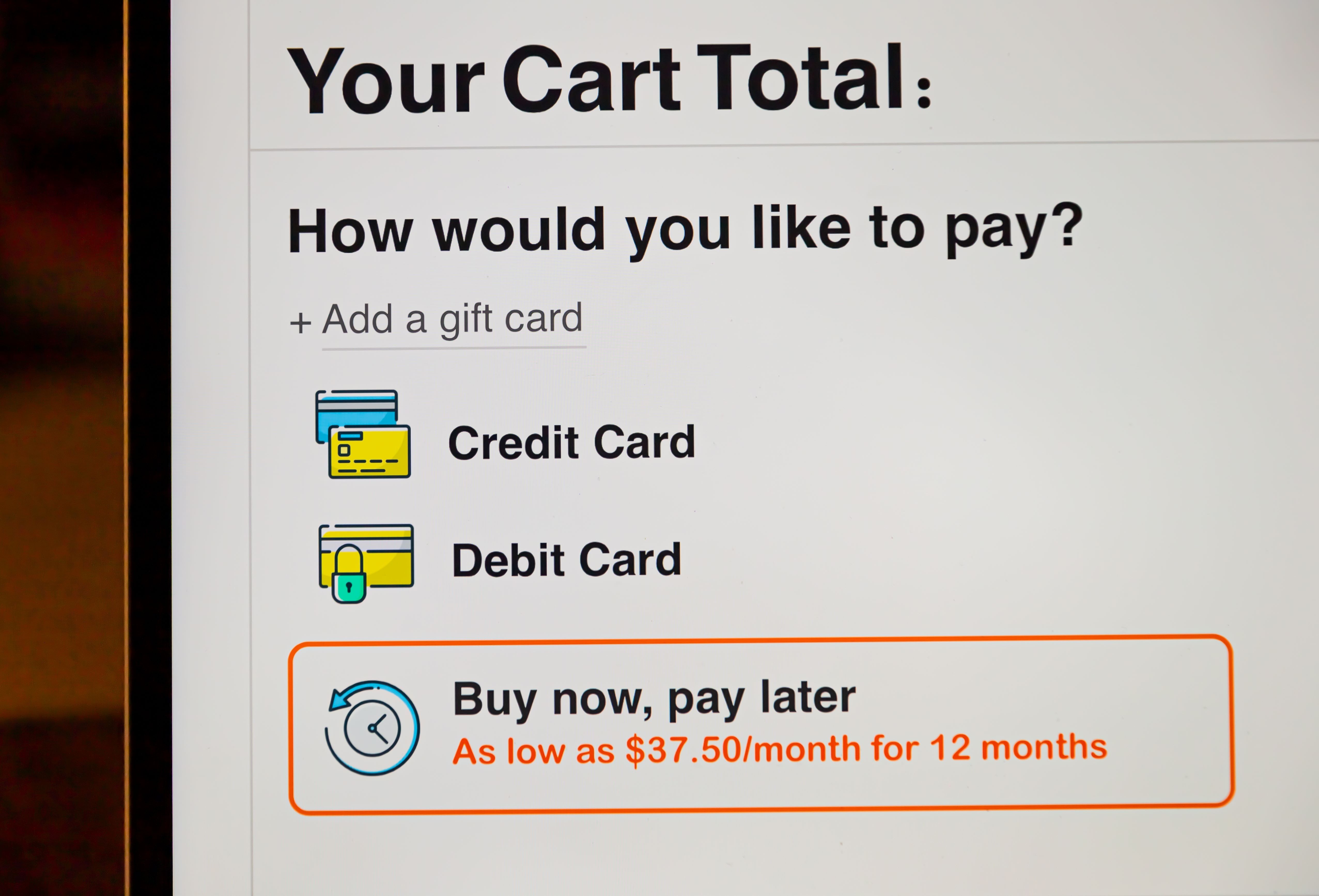 A screenshot of the cart page for an online purchase. It reads "How would you like to pay" and lists Credit Card, Debit Card and Buy now, pay later as options. Under this last option reads "As low as $37.50/month for 12 months