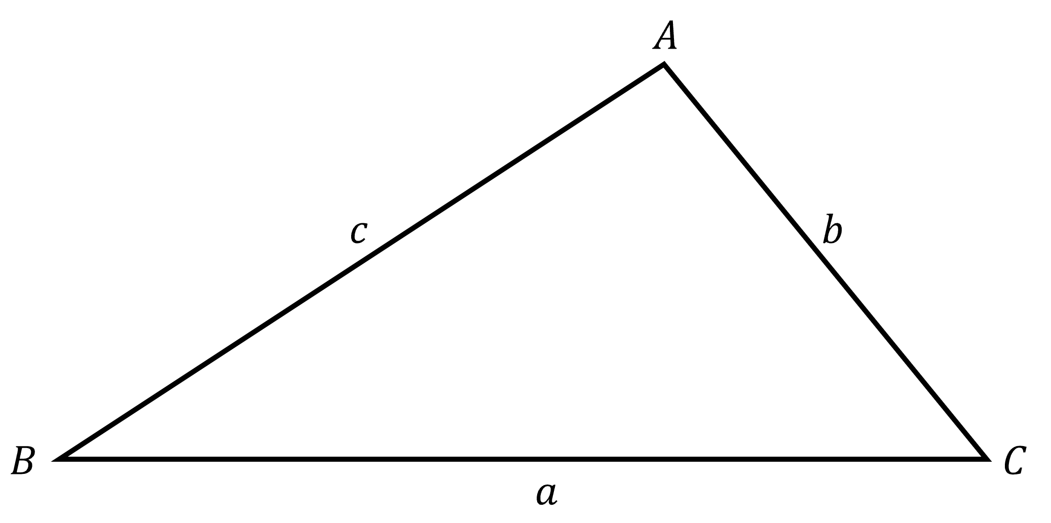 A triangle with angles ABC. Side a faces angle A, side b faces angle B and side c faces angle C.