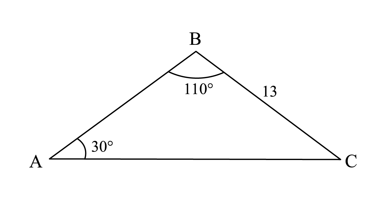 A triangle ABC. Internal angle at vertex A is 30°. Internal angle at vertex B is 100°. Length of side BC is 13.