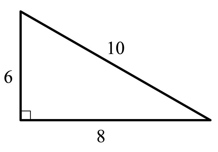 A right angled triangle with side lengths labelled. Upright leg/height=6, base=8, hypotenuse=10