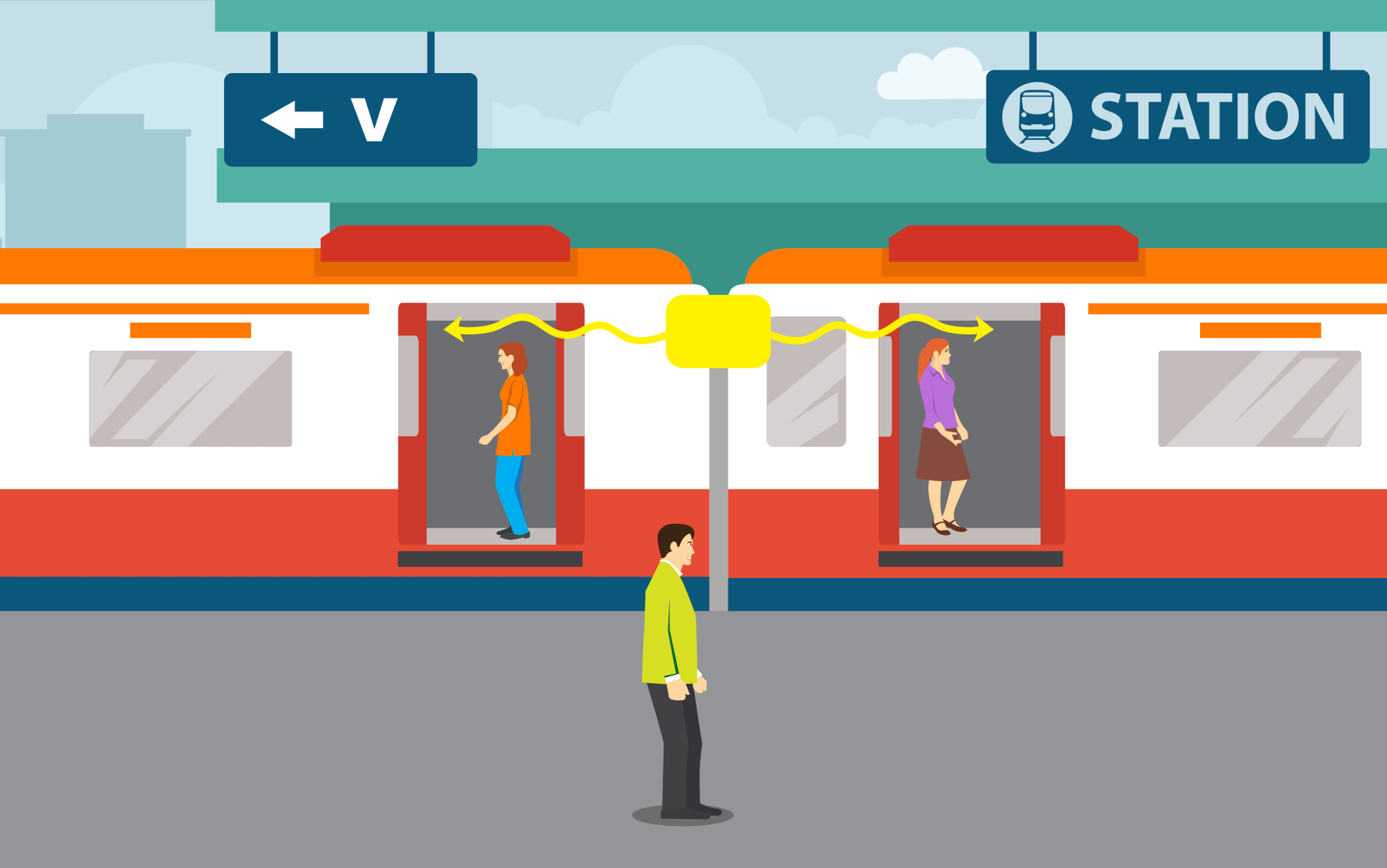 Rosie and Liz are on a train moving at a velocity v. Joel is standing on the platform. a pulse of light is moving to the left and right