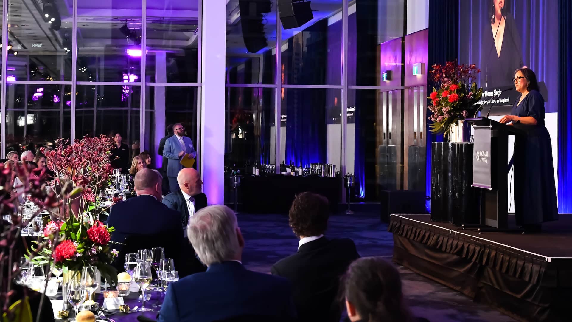 Commissioner Meena Singh delivering the keynote address at the 2025 Monash Law Gala Dinner.