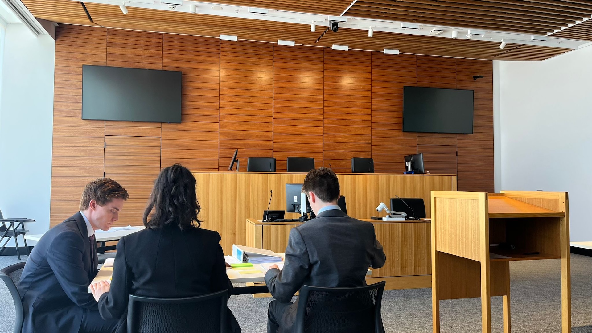 L to R - Nathanael Mancev, Mirella Wong and Declan Sullivan QFs ANU Moot Court