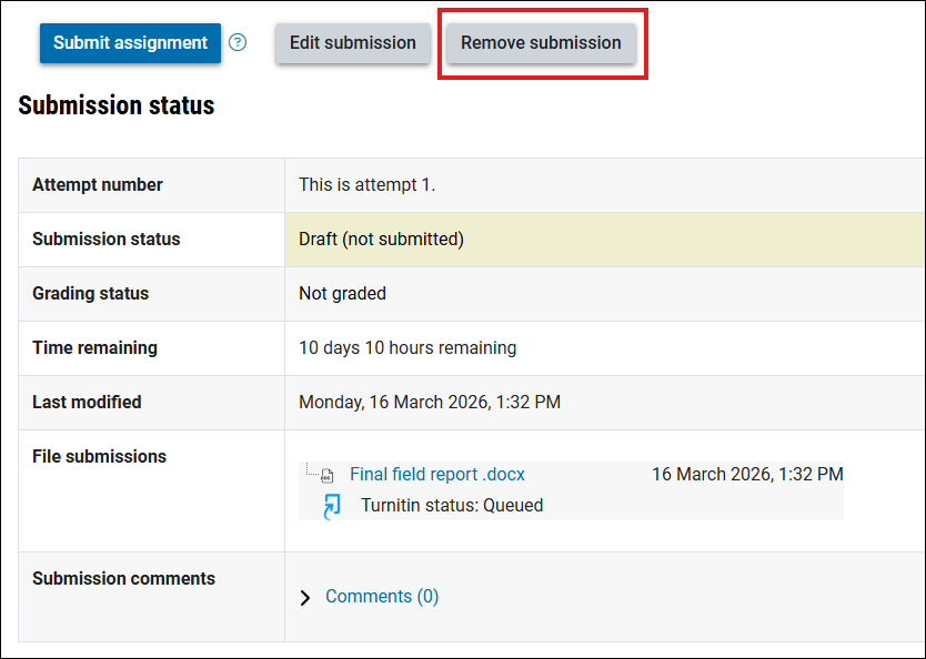 Screenshot of the remove submission button on the Moodle Assignment page