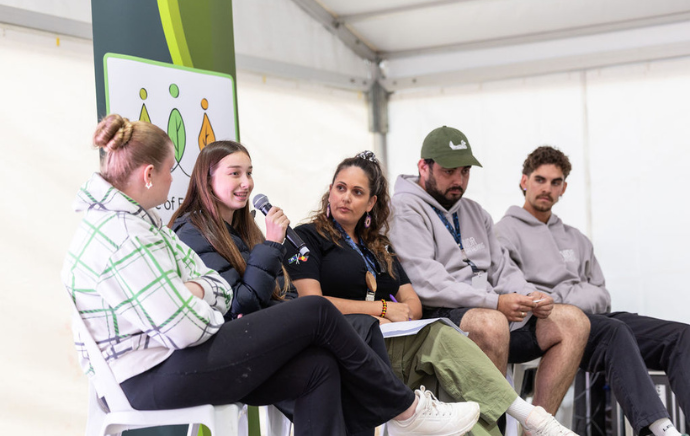 Young Mob Leading the Way workshop participants ?? (X), Jali Costello (Bundjalung Youth), Bonnie Dukakis (Koorie Youth Council), Harley Finn (Wurundjeri Woi Wurrung Cultural Heritage Aboriginal Corporation) and Tyson Neal-Edwards (Parks Victoria) at the NIDR Gathering 2026 - credit Gabrielle Connole Photography