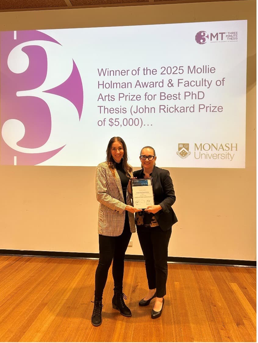 Left to Right: Dr Kyra Fabianke and Professor Megan Farrelly (Associate Dean, Graduate Research), Faculty of Arts