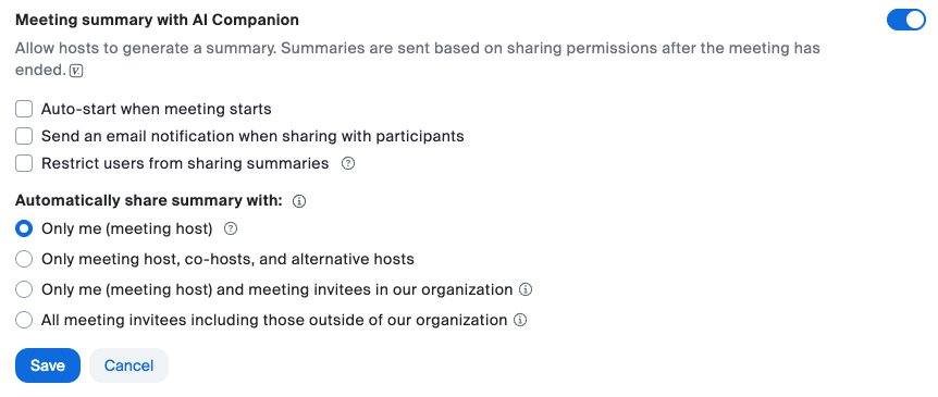 Screenshot of the Zoom AI Companion settings page with the Meeting summary with AI Companion button selected, and the Only me (meeting host) button selected, listed under the Automatically share summary with.