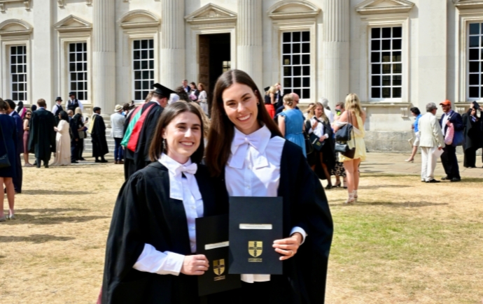 Hannah Mitchell with a friend at Cambridge.