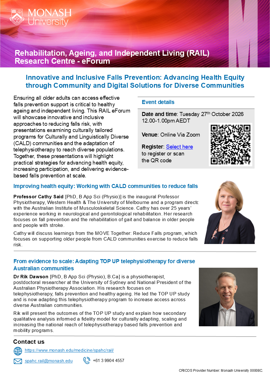 Promotional flyer for the 27th October 2026 RAIL eForum which includes the event details with a bio and headshot photo of two speakers.
