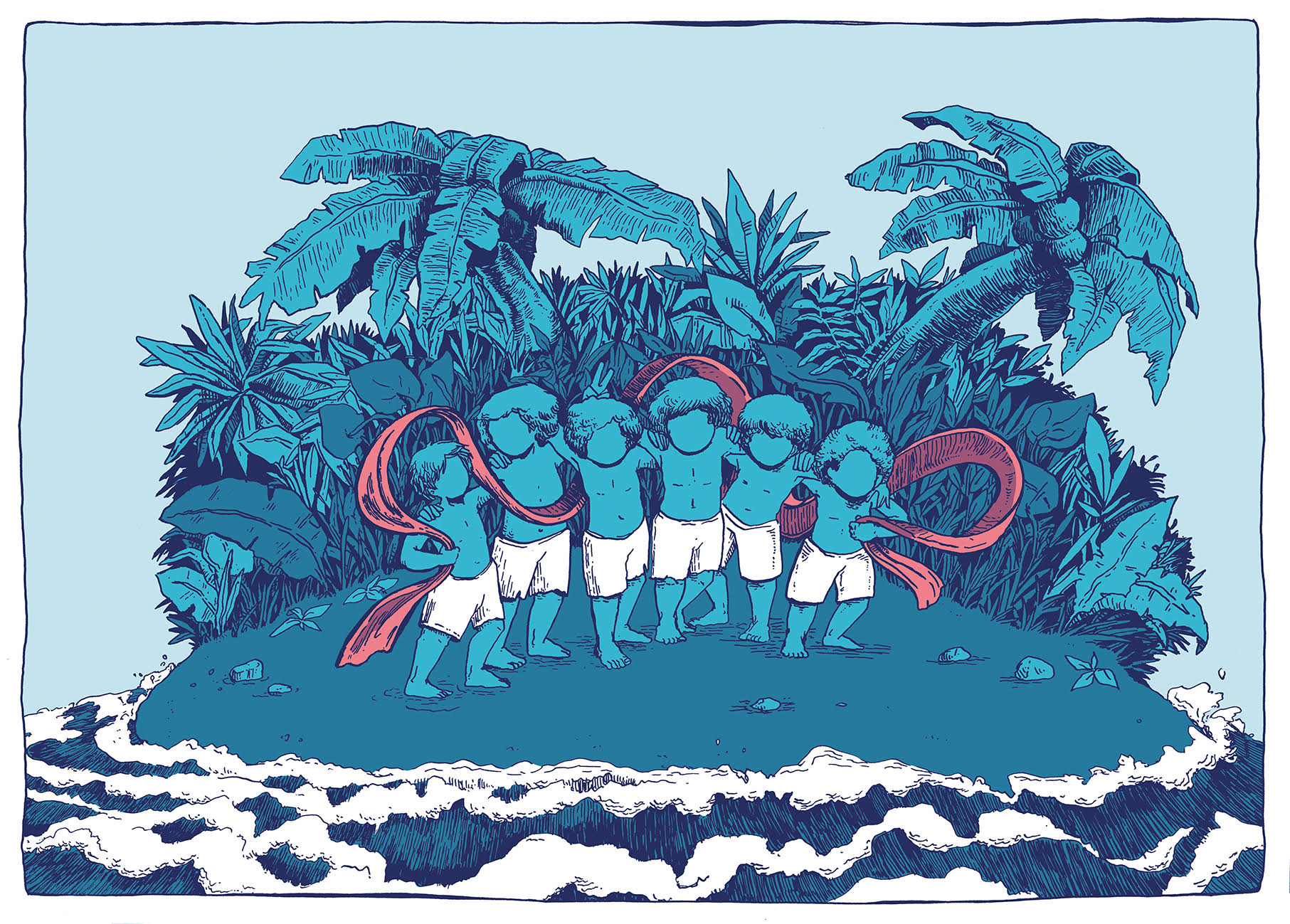 Illustration of six children standing with their arms around one another on a tropical island, with a red ribbon weaving around them.