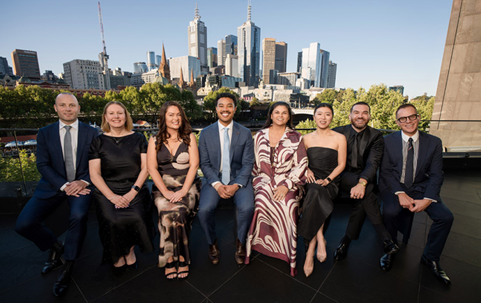 L–R: Tony Dickinson, Jodie Conduit, Keeley Goldrick, Noah Yang, Maryann Ansey, Erica Xie, William Trewlynn, De Villiers Smit.
