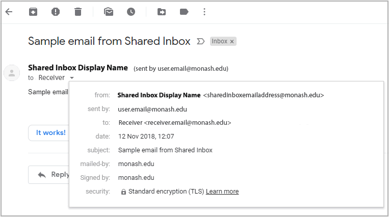 screenshot showing what appears when you click on the send details for an email sent from a shared ibox, it shows the from address (being the shared inbox email address), the send by address (being the user's email address)