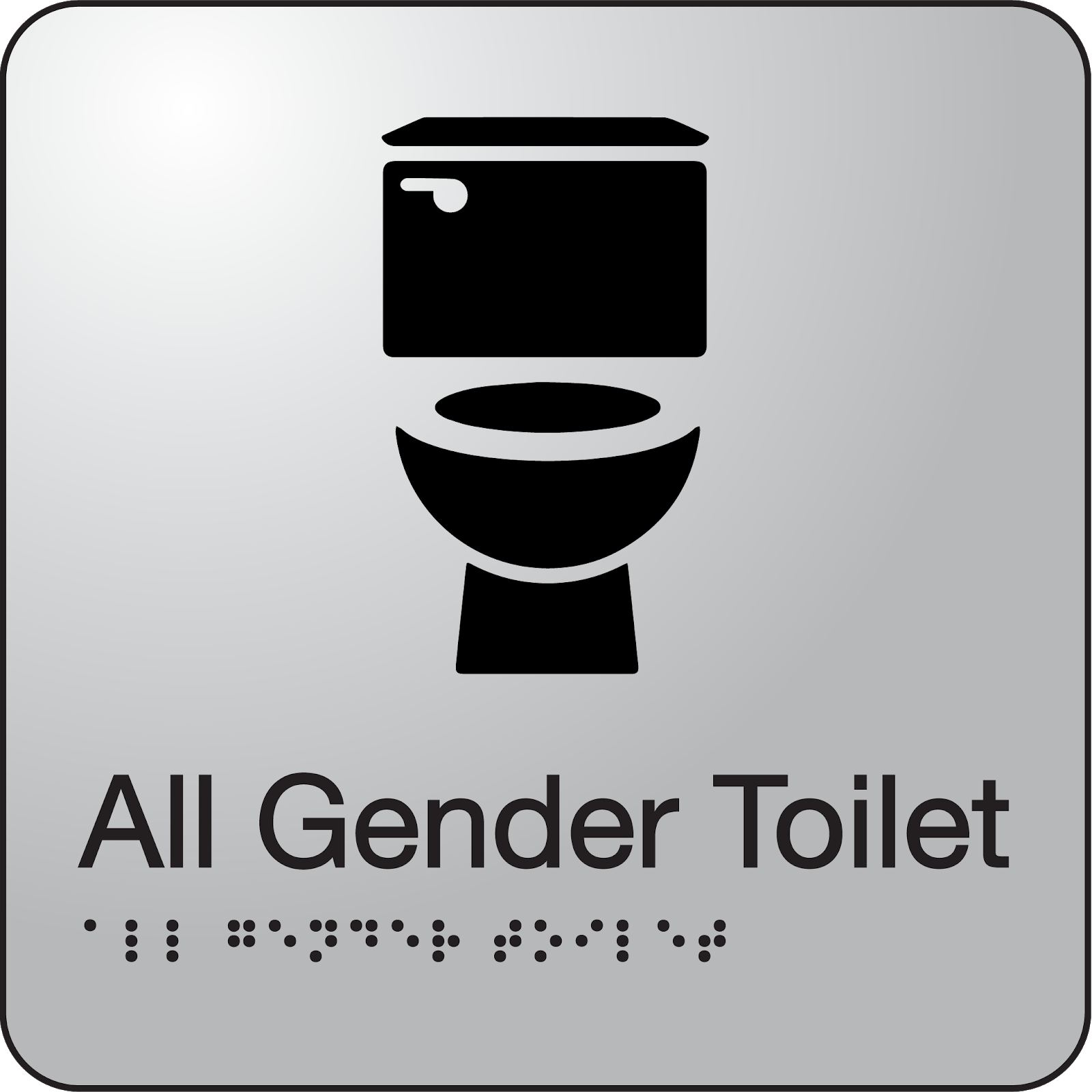 An all gender toilet door sign, depicting an icon of a standard flush toilet with the words All Gender Toilet and braille translation