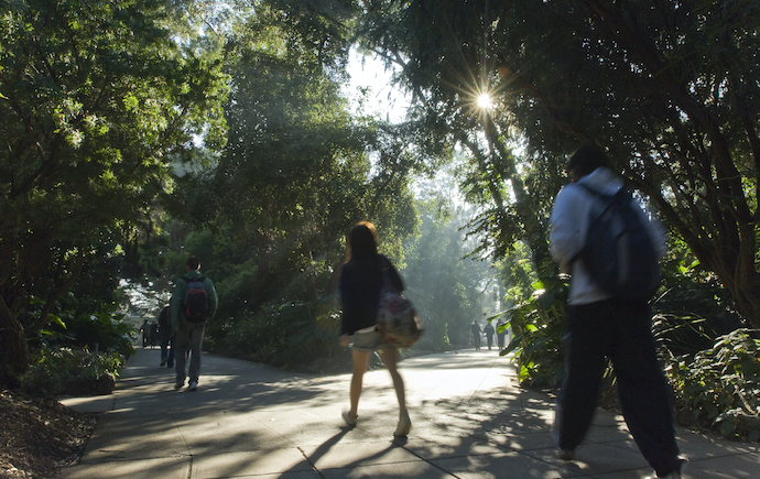 Students walking across monash clayton campus